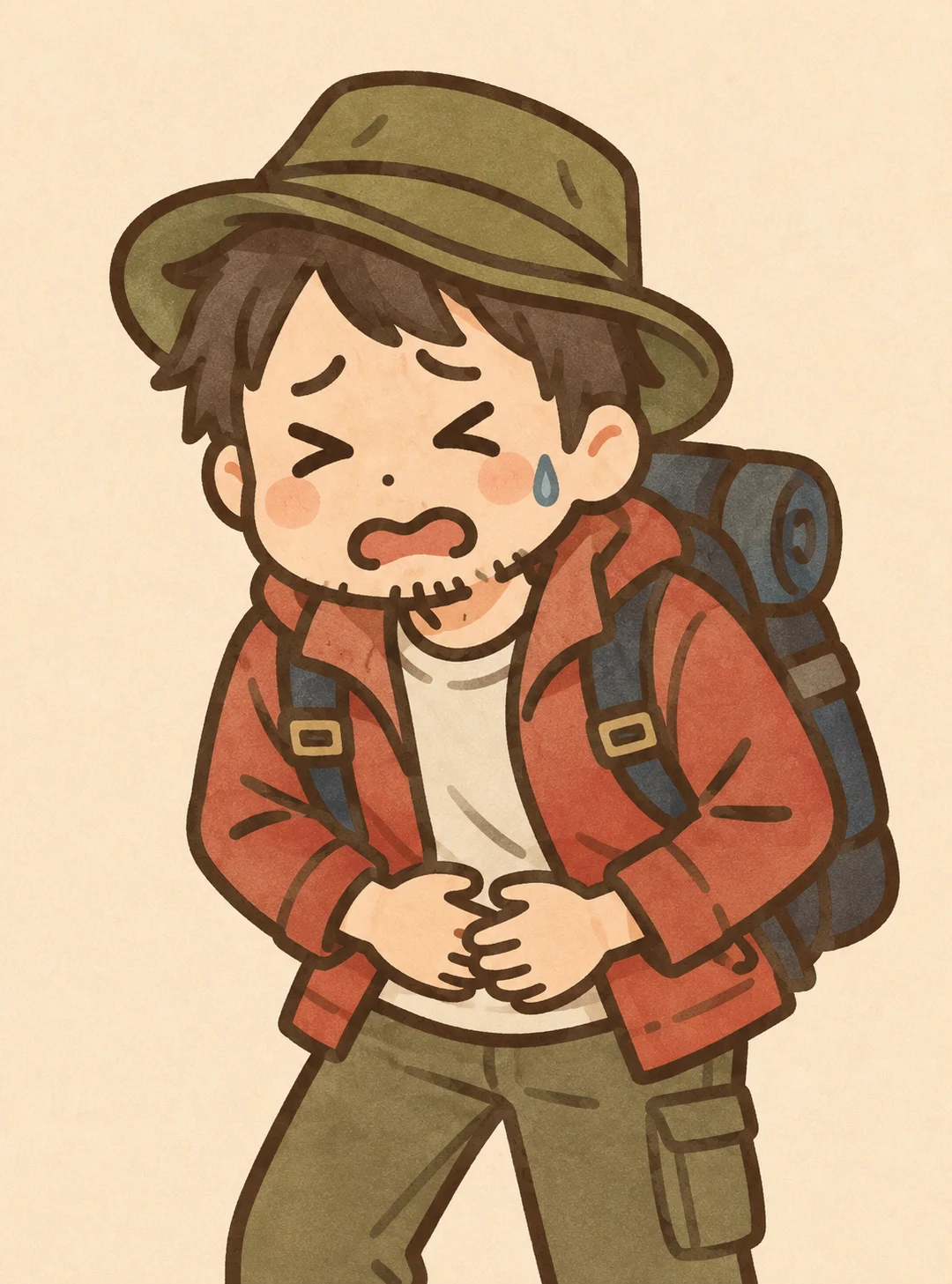 旅先で腹痛になり、お腹を押さえるちゅんたまーにのイラスト