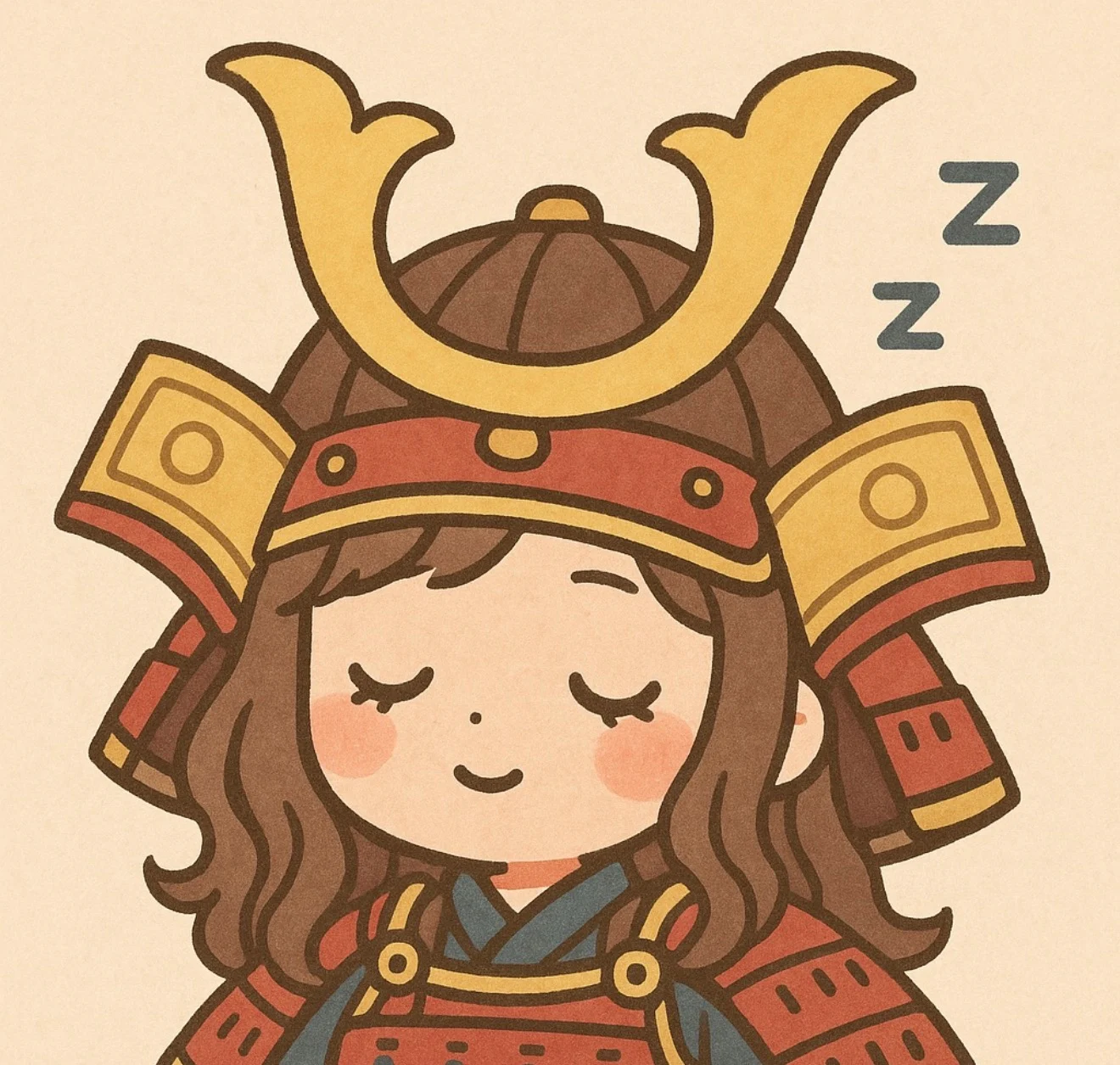 兜をかぶって眠る、おねんね大将軍のイラスト