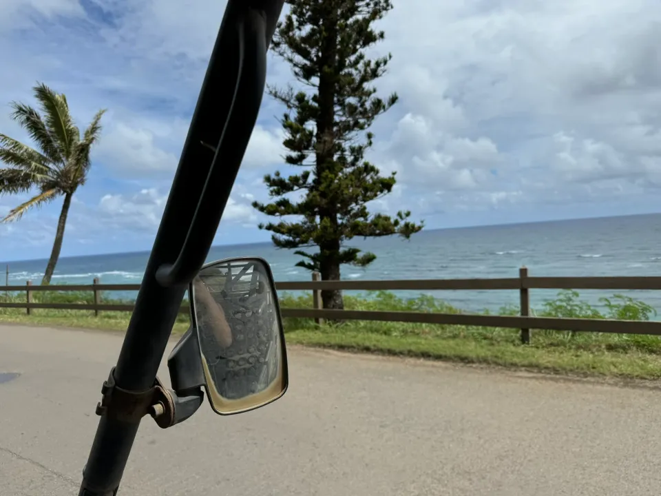クアロアランチのUTV車内から見える海とヤシの木