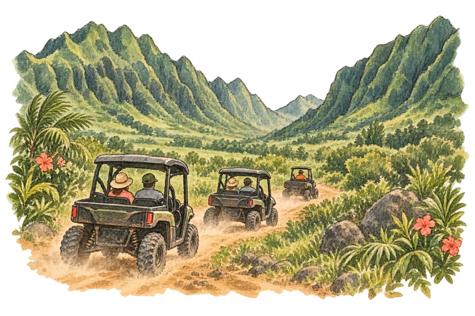 広い渓谷を先導するガイド車と後続のUTVを描いたイラスト