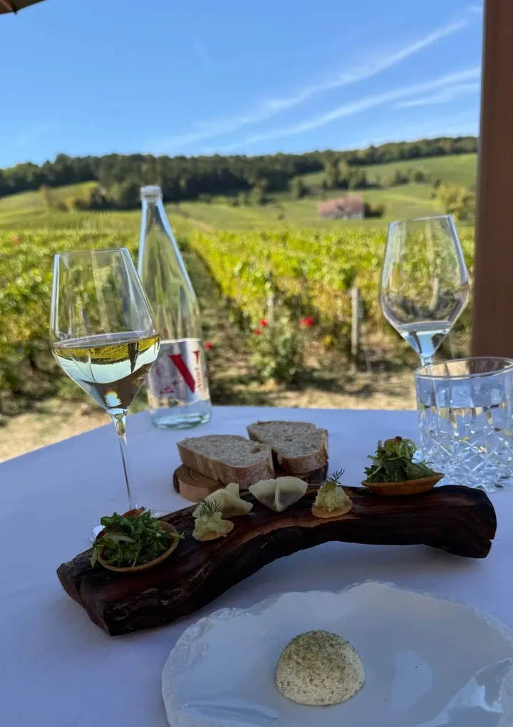 ぶどう畑を望むChâteau de Sacyのテーブルに並ぶ料理とグラス