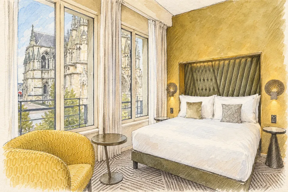 La Caserne ChanzyのCathedral Roomと窓越しのランス大聖堂を描いたスケッチ