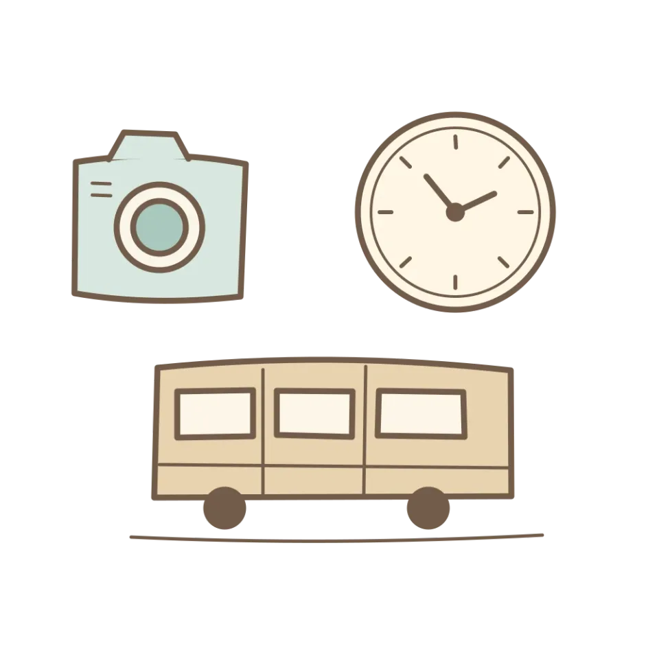 カメラと時計と列車を描いた、帰りの時刻を先に決めるための挿絵