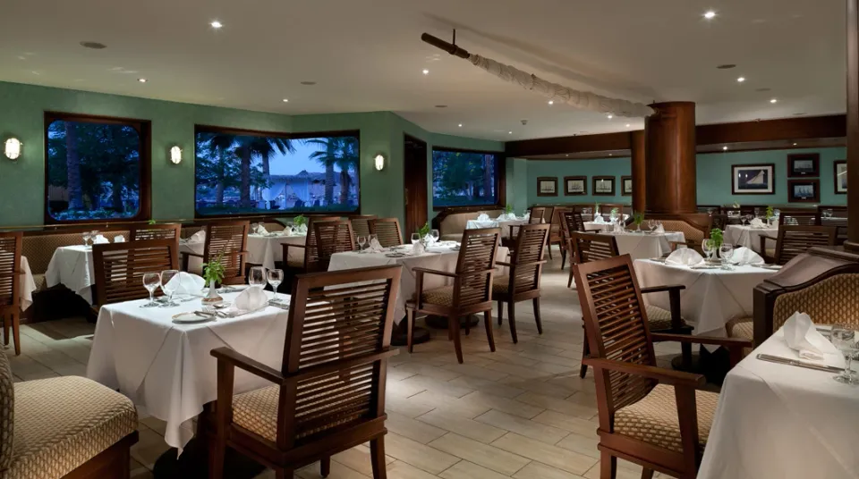 JAZ Elite PalaceのBlue Marine Restaurant。白いクロスのテーブルと木の椅子、窓の外のヤシ