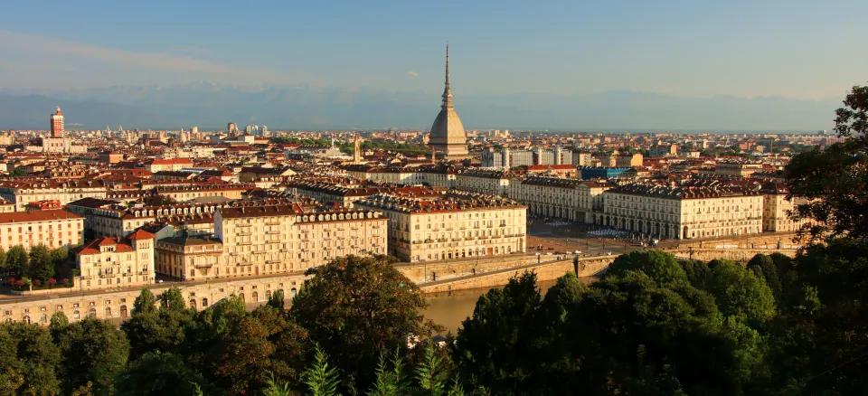 The Po River, Piazza Vittorio Veneto and Mole Antonelliana in a daytime panorama of Turin