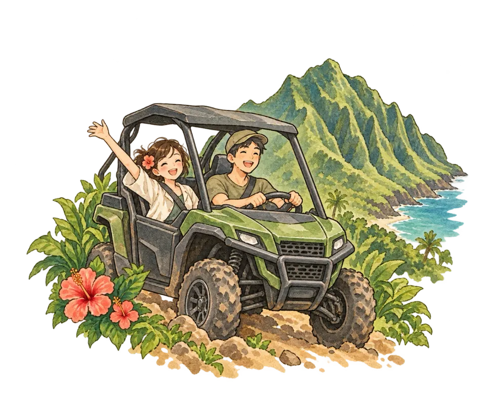 山の景色とかわいいUTVの水彩イラスト