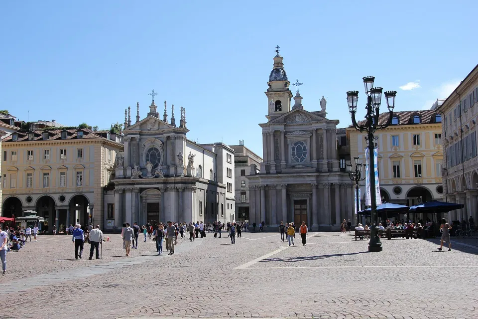 The twin churches of Santa Cristina and San Carlo Borromeo across the cobbled Piazza San Carlo in Turin