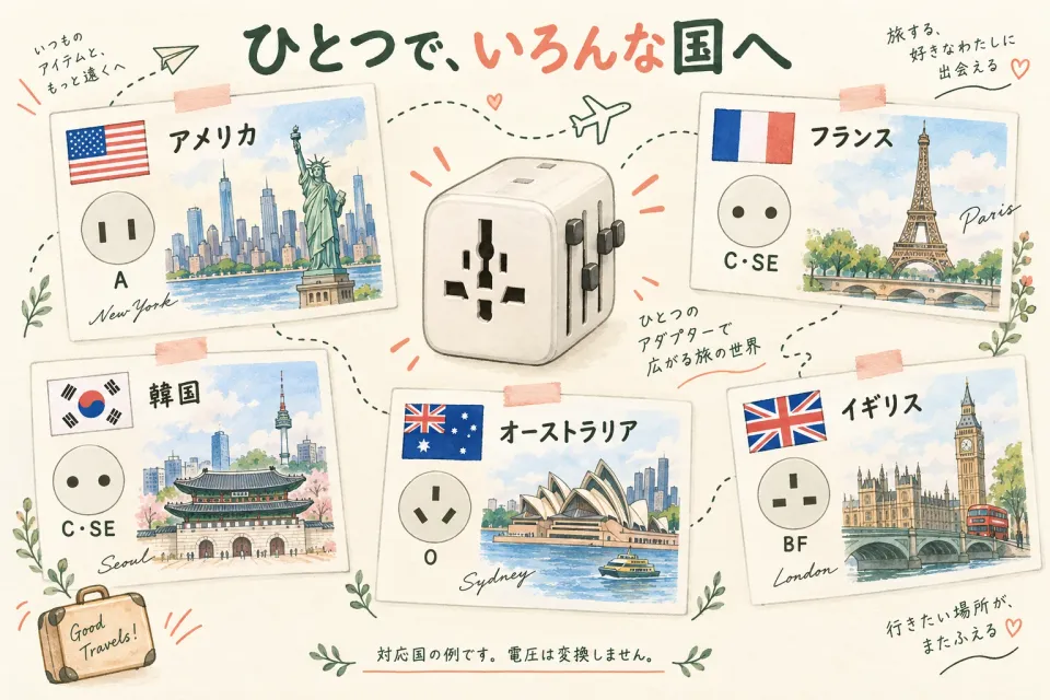 A、C・SE、O、BF形状と、アメリカ・フランス・韓国・オーストラリア・イギリスの例を描いた水彩イラスト。