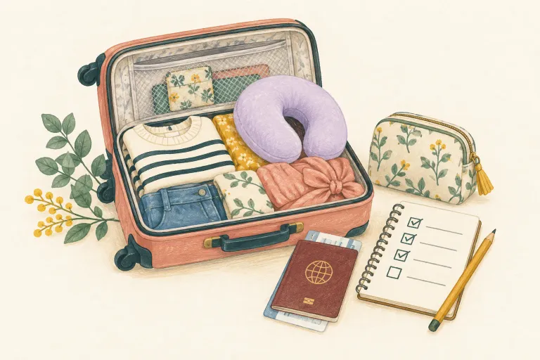 スーツケース、パスポート、持ち物チェックリストを描いた旅じたくのイラスト