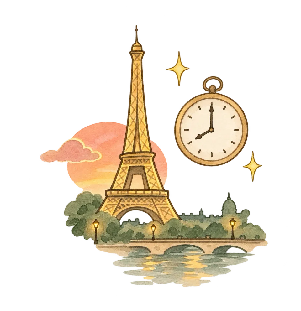 夕暮れのエッフェル塔と時計の水彩イラスト