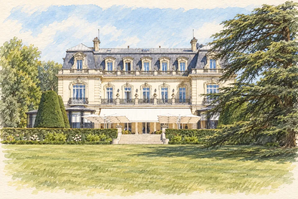 庭園から見るDomaine Les Crayèresの邸宅を描いたスケッチ