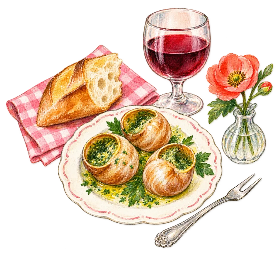 エスカルゴ、パン、ワインと小さな花を描いた食事の水彩イラスト