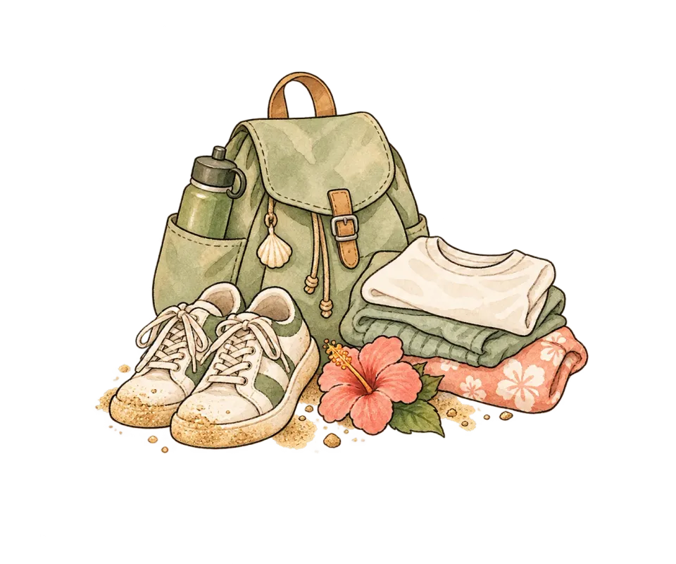 土ぼこりの付いたバッグと靴の水彩イラスト