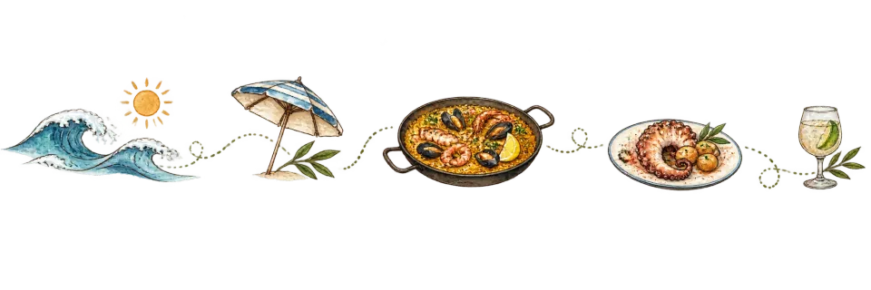 バルセロナの海、パエリア、タコ料理を描いたイラスト