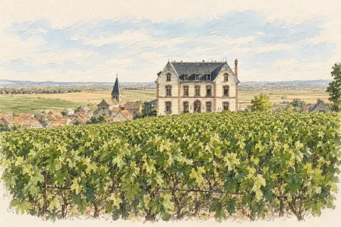 ぶどう畑越しのChâteau de Sacyとサシー村を描いたスケッチ