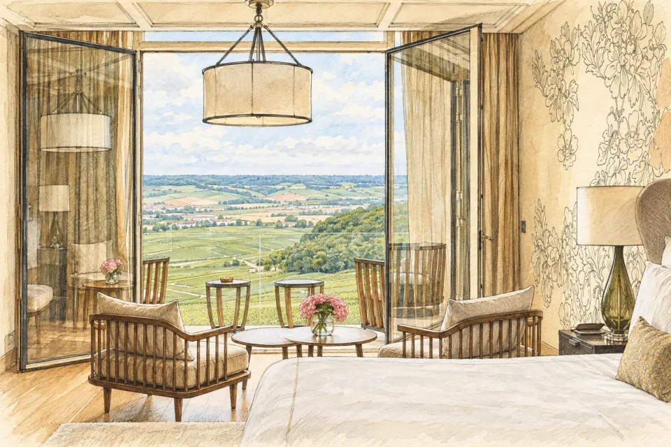 Royal Champagne Hotel & Spaの客室と窓の向こうのぶどう畑を描いたスケッチ