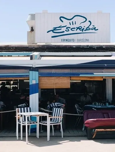 Xiringuito Escribàの外観。青い料理人の看板と、青・白の店先。