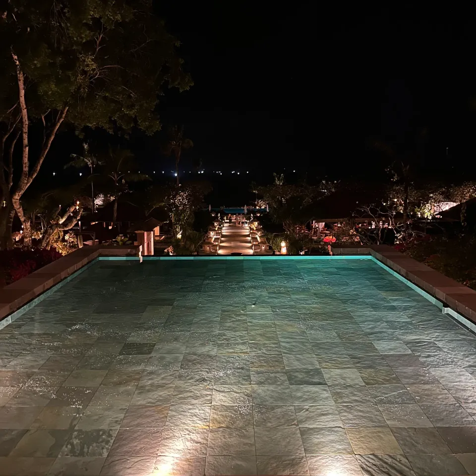 夜に照明がともる水盤と庭園