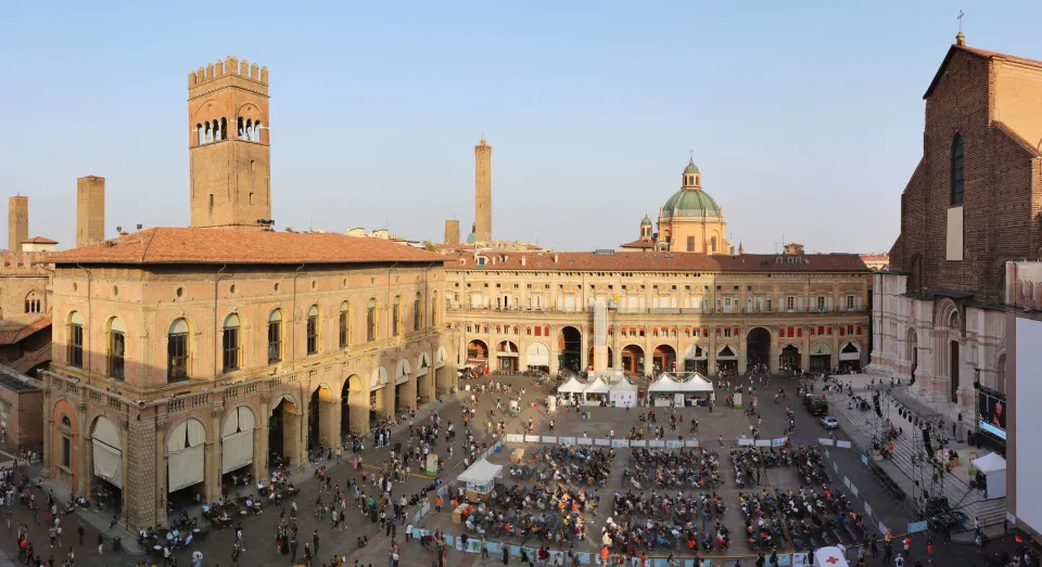 Piazza Maggiore and Bologna’s warm-coloured rooftops seen from Palazzo Comunale