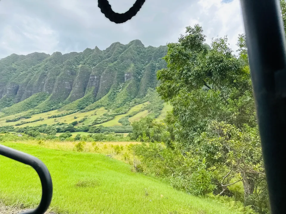 クアロアランチのUTV車内から見える明るい草地と山