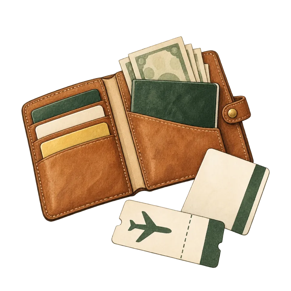 旅の予算を考える財布とホテルのキーの挿絵