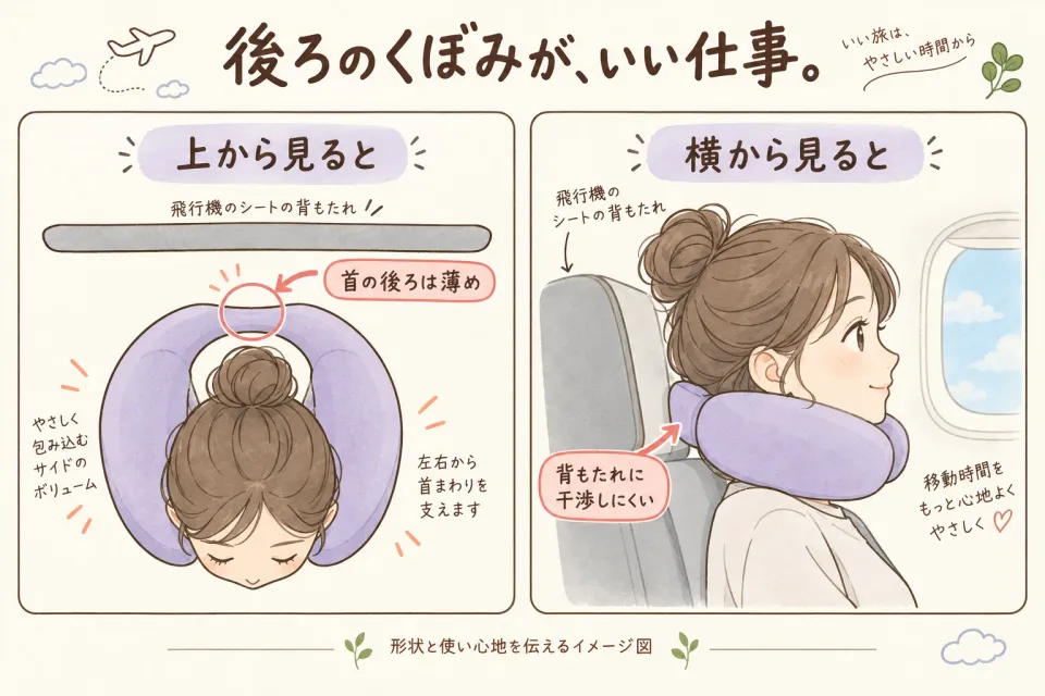 ヨギボーの首の後ろが薄い形と、背もたれに干渉しにくい使い心地を上と横から示すイメージ図。