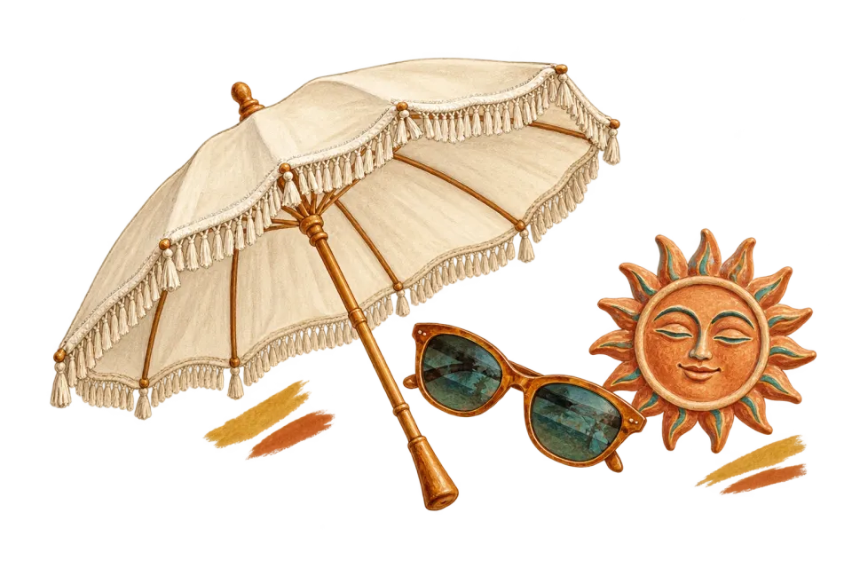 日傘とサングラス、太陽の旅行ノート風イラスト