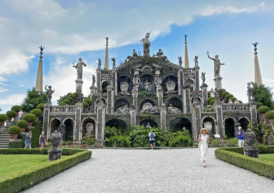 The decorated Teatro Massimo terraces and statues in the gardens of Isola Bella
