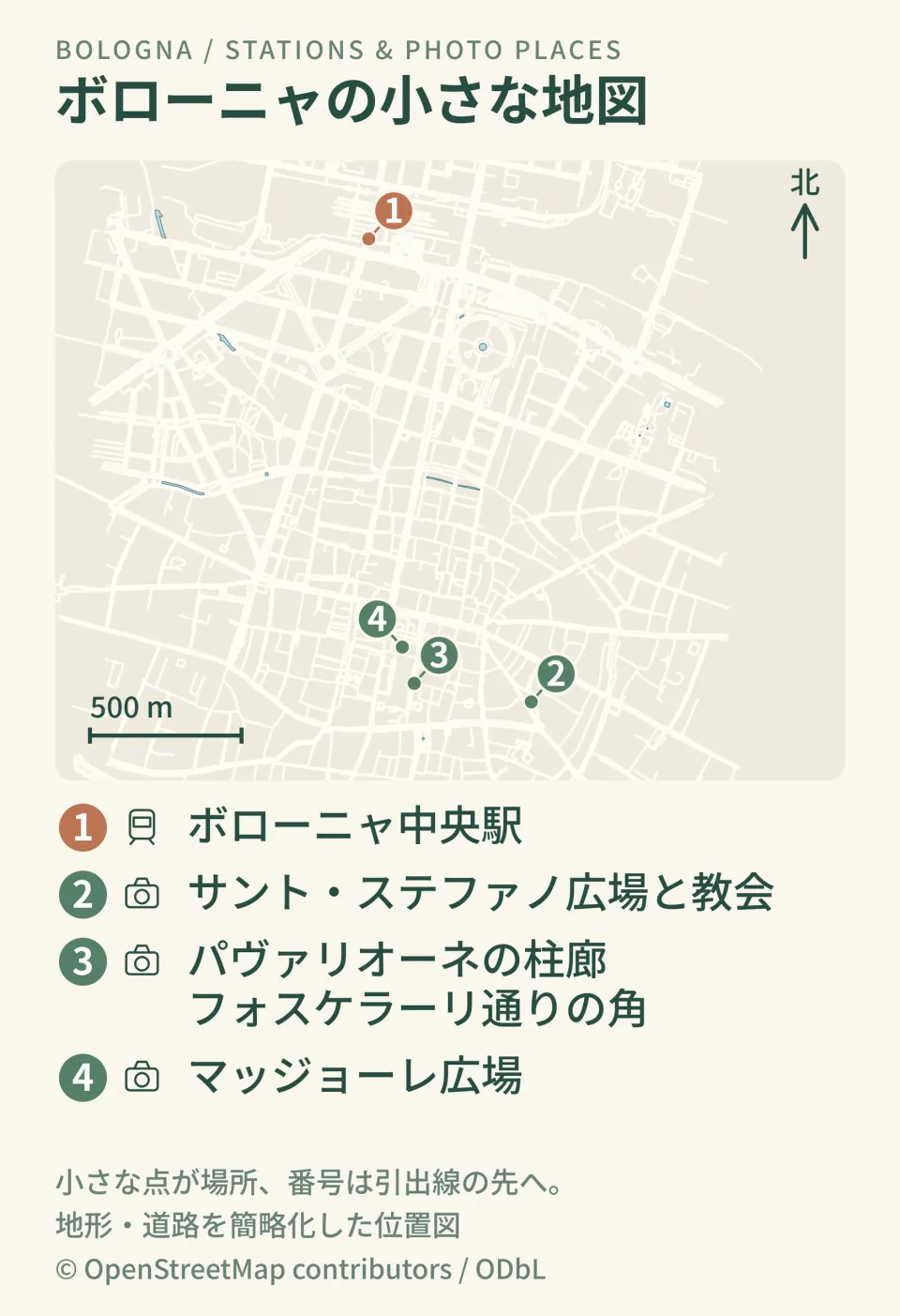 ボローニャの到着駅、主要な写真スポット、水辺や丘の位置を北向きと縮尺付きで示したイラストマップ。Centrale駅は旧市街の北側。マッジョーレ広場と周辺の柱廊・教会の位置を確認。