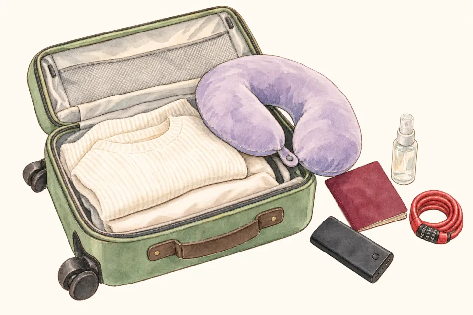 スーツケースと旅の愛用品の水彩イラスト