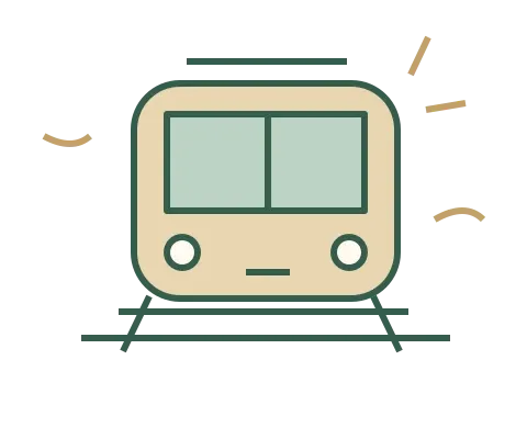 往復の列車と駅からの移動を考える、緑と金色の列車の挿絵