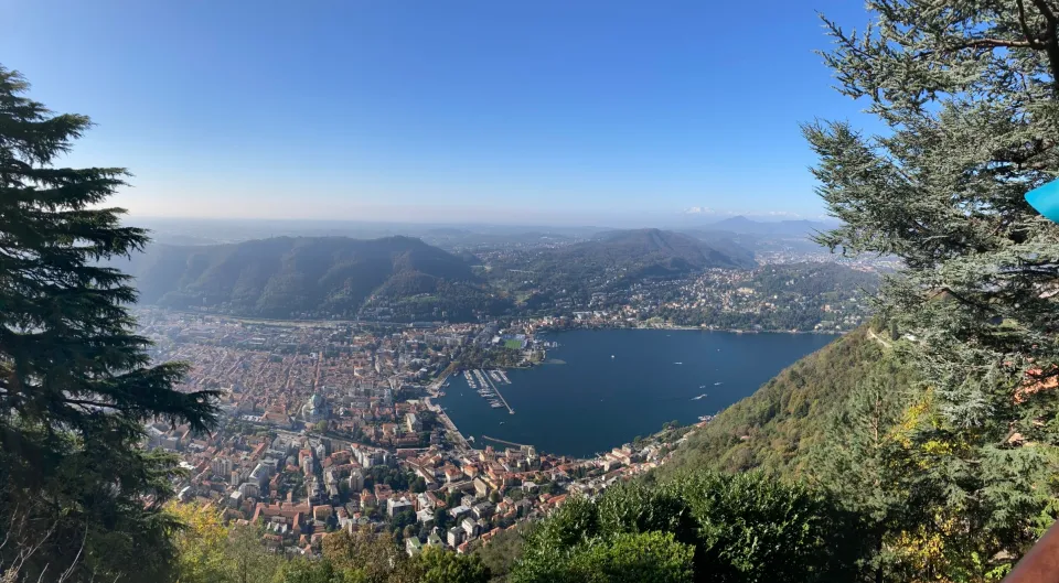 Lake Como and the town of Como viewed between trees from a viewpoint in Brunate